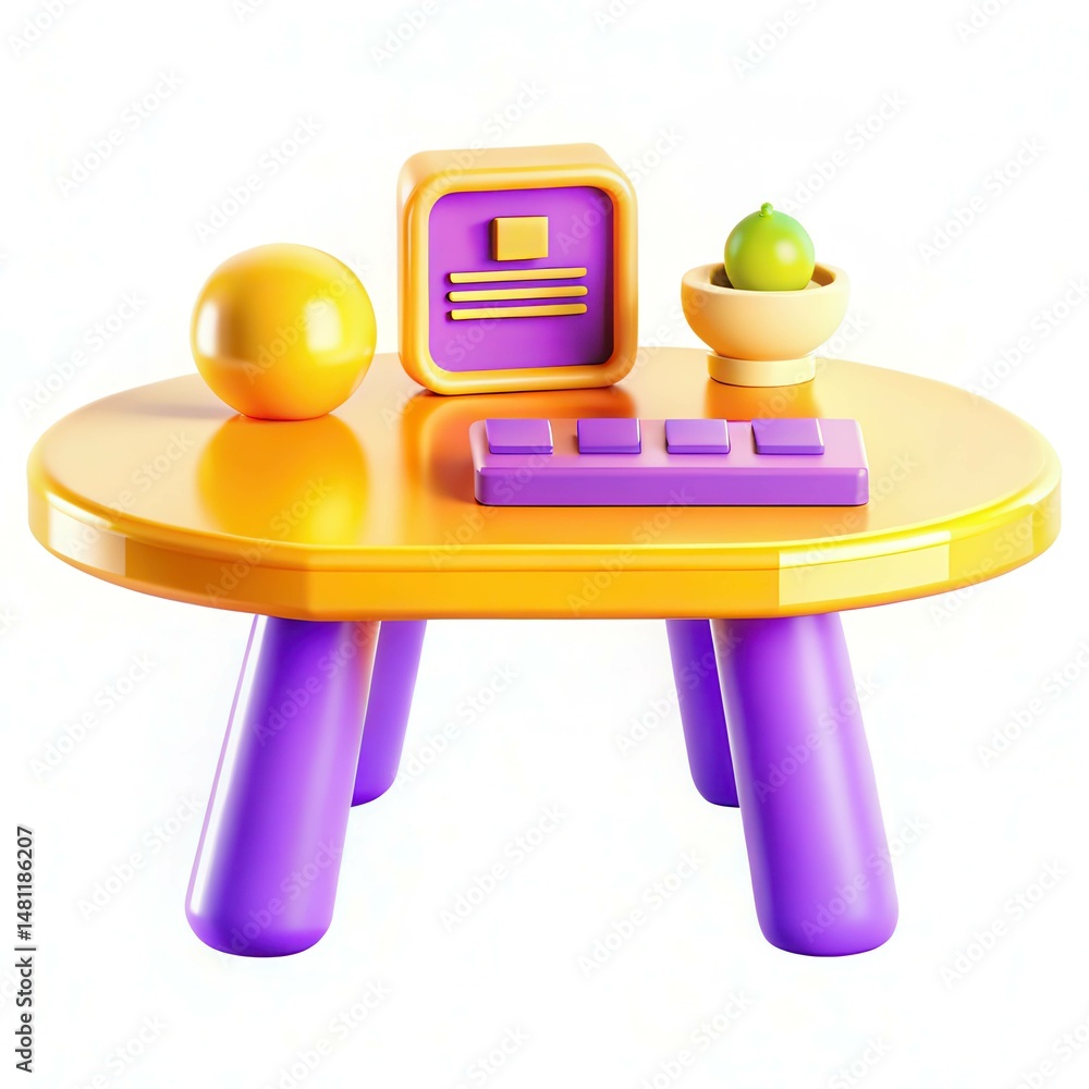 Poster a colorful modern table display featuring geometric shapes and a bowl with fruit for a vibrant desig