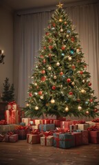 Magnificent decorated tree, glowing lights, abundant wrapped gifts , Christmas tree,  charming,  gifts