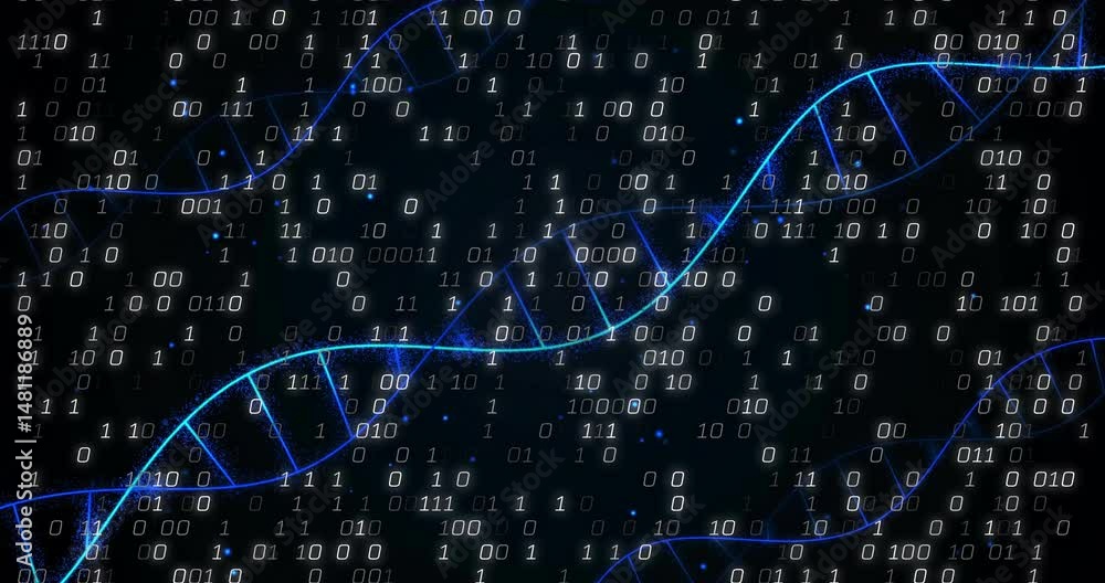 Poster glowing blue dna double helix spanning digital space, floating binary digits streaming behind
