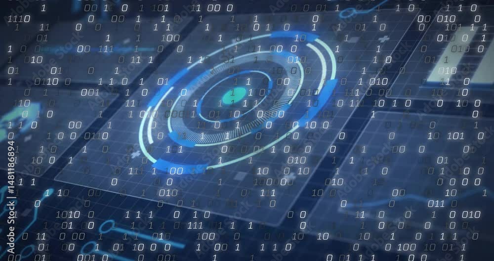 Poster Concentric circular HUD rotating in scene, floating binary digits dancing over grid panels