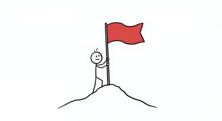 Stickman Planting Flag on Hill Symbolizing Business Success in White Background Promoting Motivation and Goal Achievement