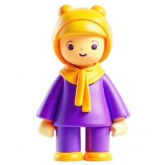 A colorful, modern toy figure wearing a yellow hat and a purple outfit, with a cheerful expression.