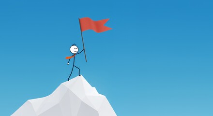 Stickman Planting Flag on White Mountain Peak Under Blue Sky Representing Business Goal Achievement and Motivation