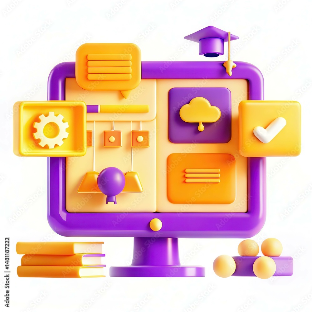 Poster a vibrant 3d illustration of a computer displaying various icons in orange and purple hues, represen