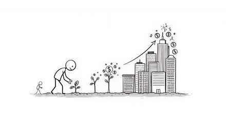 Obraz premium Stickman Planting Seed for Flourishing Business Growth on White Backdrop Representing Entrepreneurial Motivation