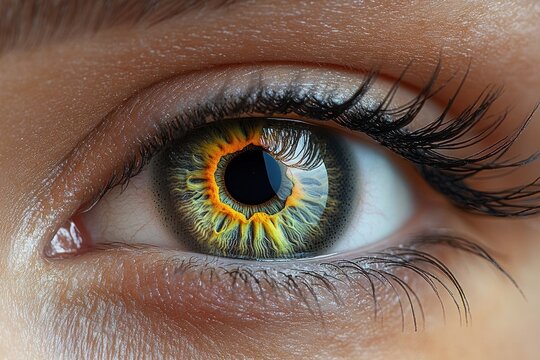 Close-up of a human eye with vibrant yellow and orange radial patterns surrounding a dark pupil, detailed eyelashes, and textured skin