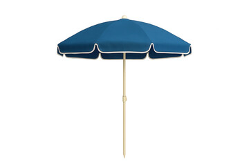 Single blue beach umbrella with white trim on transparent background