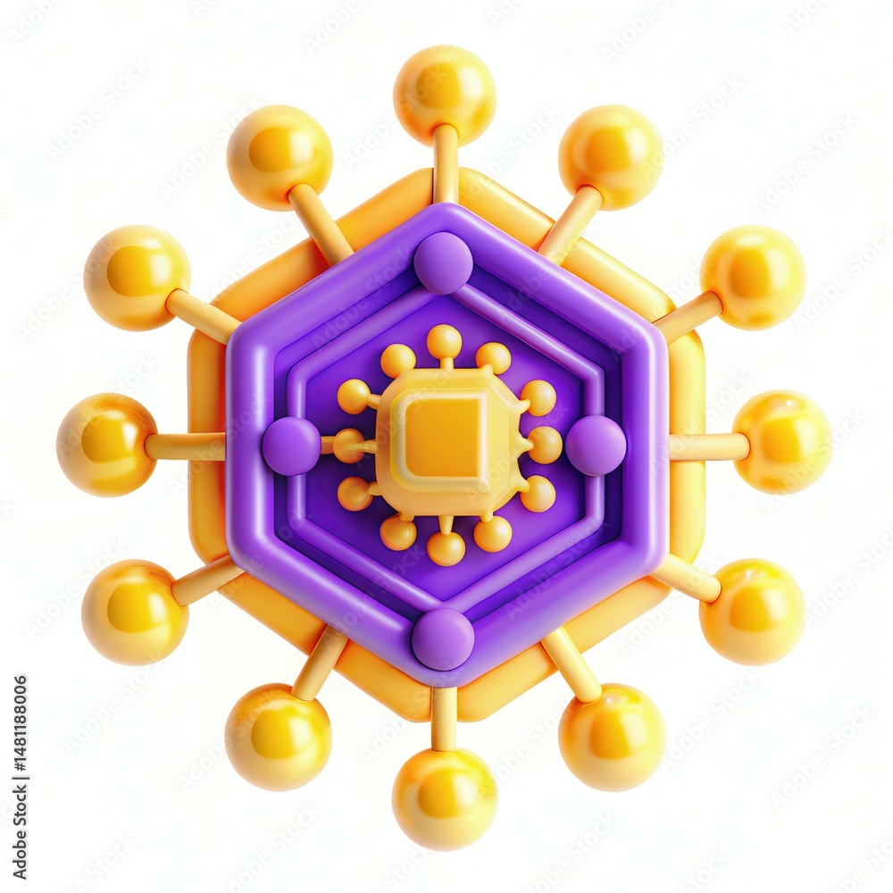Poster a 3d illustration of a colorful geometric design featuring yellow and purple spheres arranged in a h