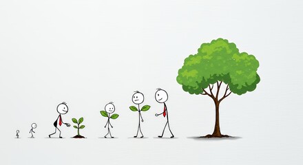 Stickman Planting Seed To Business Growth With Large Green Tree On White Background Representing Business Investment And Development Motivation