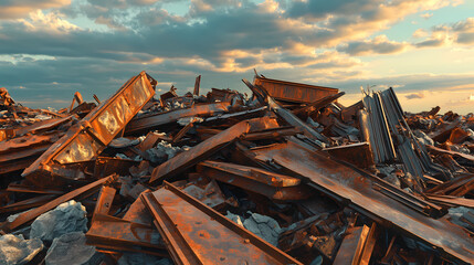 Fototapeta premium Post-apocalyptic debris field: 3d render of crumbling structures. [Steamspire Wastes] | Iron Sprawl | metallic decay. Illustration
