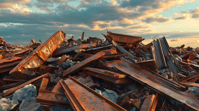 Post-apocalyptic debris field: 3d render of crumbling structures. [Steamspire Wastes] | Iron Sprawl | metallic decay. Illustration