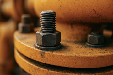 Close up of metal bolt and nut on industrial pipe used in oil and gas industry maintenance and service for secure connection