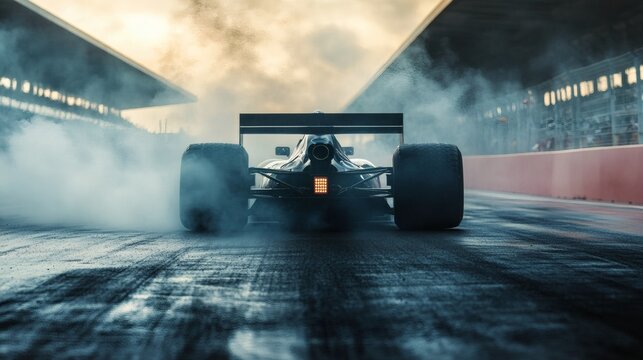 Dramatic shot of a formula 1 race car leaving a cloud of smoke on the racetrack.