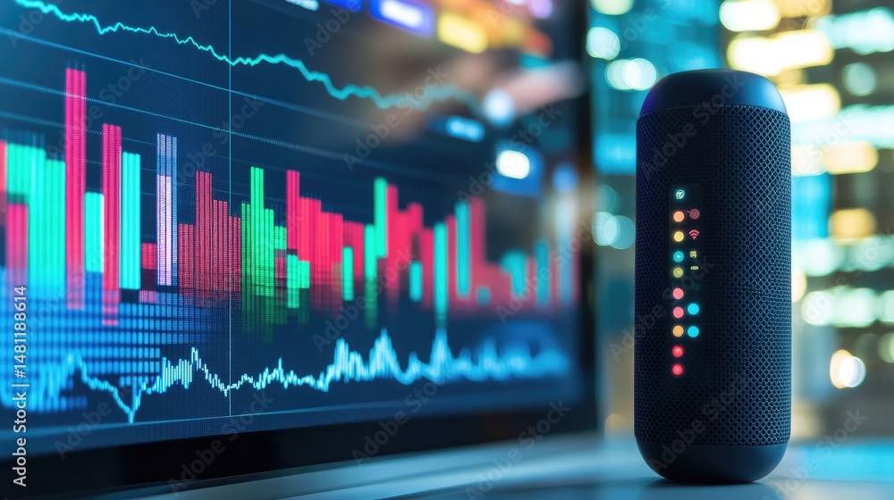 Poster smart voice assistant device with overlay of voice search marketing analytics