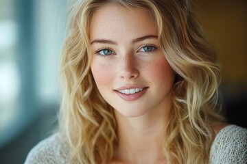 Naklejka premium Close-up portrait of a young woman with curly blonde hair, blue eyes, and freckles, smiling gently in soft natural light indoors