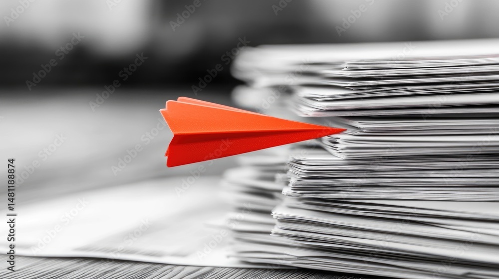 Poster stack of financial reports with upward-pointing red arrow showing economic growth concept