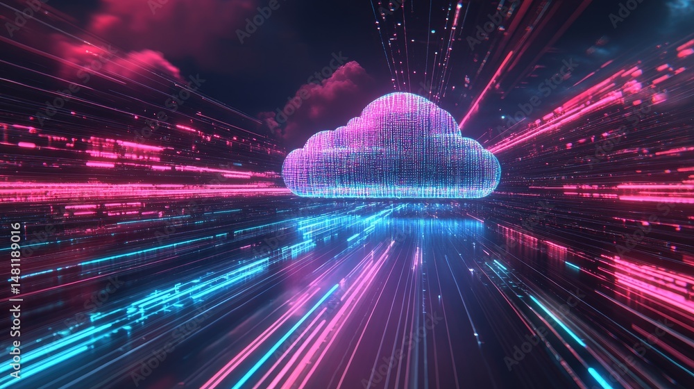 Poster stylized visual of cloud-based marketing analytics syncing real-time campaign data