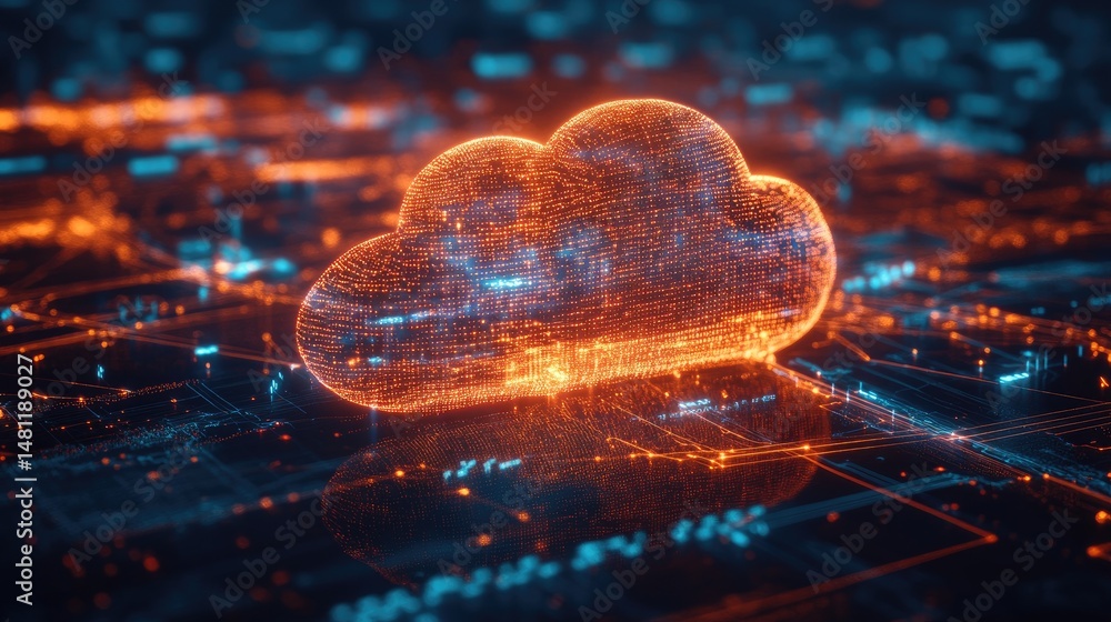 Poster stylized visual of cloud-based marketing analytics syncing real-time campaign data