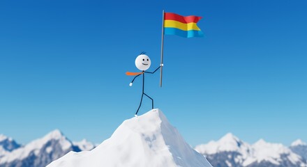 Stickman Plants Flag on Snowy Mountain Peak Representing Goal Achievement Under Blue Sky Motivational Business Concept