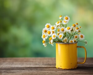Fototapeta premium Daisies in Yellow Metal Mug on Wooden Table