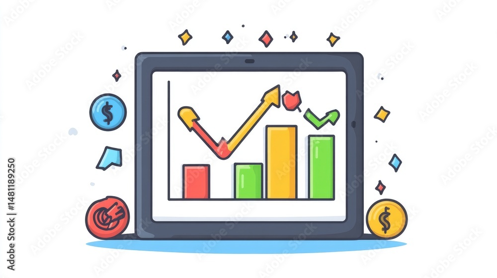 Poster tablet with a bar chart showing month-over-month ad campaign performance metrics