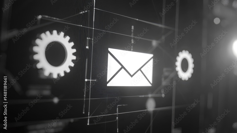Poster visual concept of envelope and gear icons representing automated email marketing system