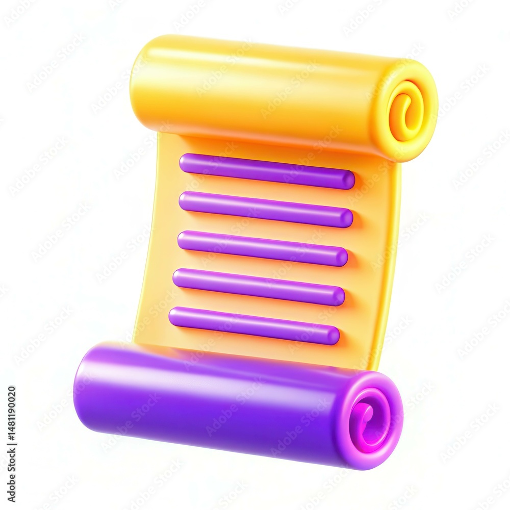 Poster a colorful design featuring a rolled scroll with vibrant yellow and purple sections and textured lin