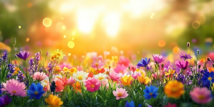 Colorful wildflower meadow bathed in warm golden sunlight with diverse blooming flowers creating a vibrant and cheerful natural scene