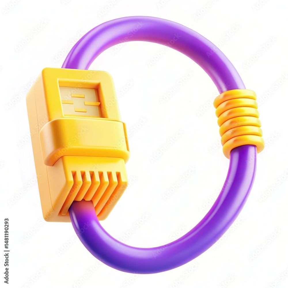 Poster a colorful 3d rendering of a yellow and purple cable connector forming a loop, showcasing modern des
