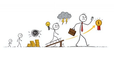 Stickman's Entrepreneurial Path on White Featuring Setbacks and Triumphs Symbolizing Business Motivation