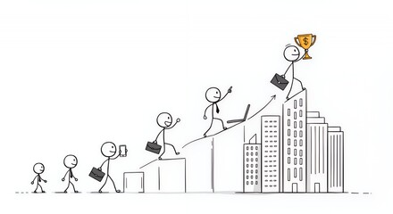Stickman's Motivational Journey Climbing Steps Towards Trophy on Skyscraper Against a White Background Representing Business Aspirations From Humble Beginnings