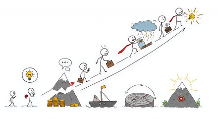 Stickman's Motivational Journey Depicts Triumph on White Background with Mountains Boats and Sun Symbolizing Resilience and Success