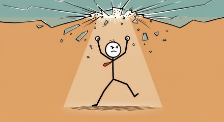 Stickman Shattering Glass Ceiling in Triumph Symbolic Overcoming Obstacles Business Motivation Against Faded Brown Background