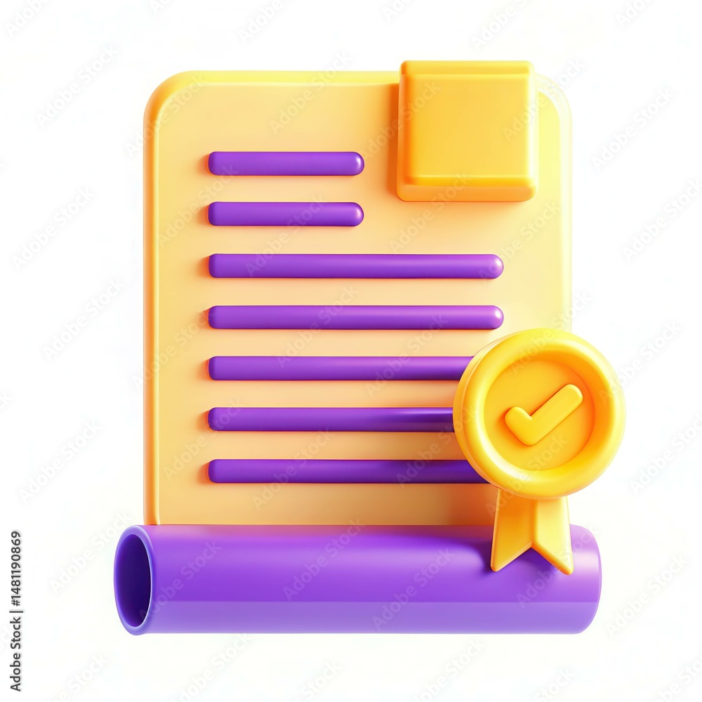 Poster a colorful and modern 3d illustration of a document with purple lines and a yellow checkmark seal on