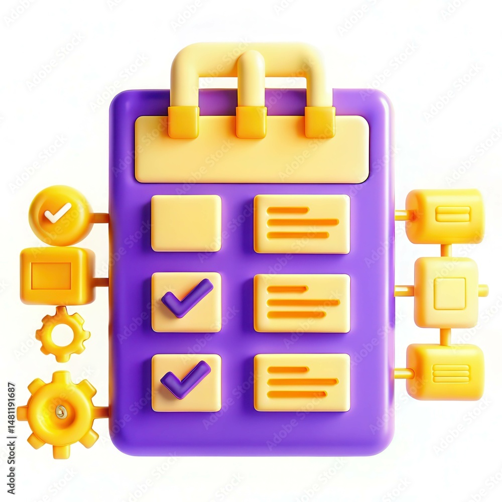 Poster a modern design featuring colorful icons and checkboxes on a vibrant background.