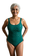 Confident senior Indian woman with short grey hair smiling happily in a green patterned one-piece swimsuit, posing against a plain black studio background.