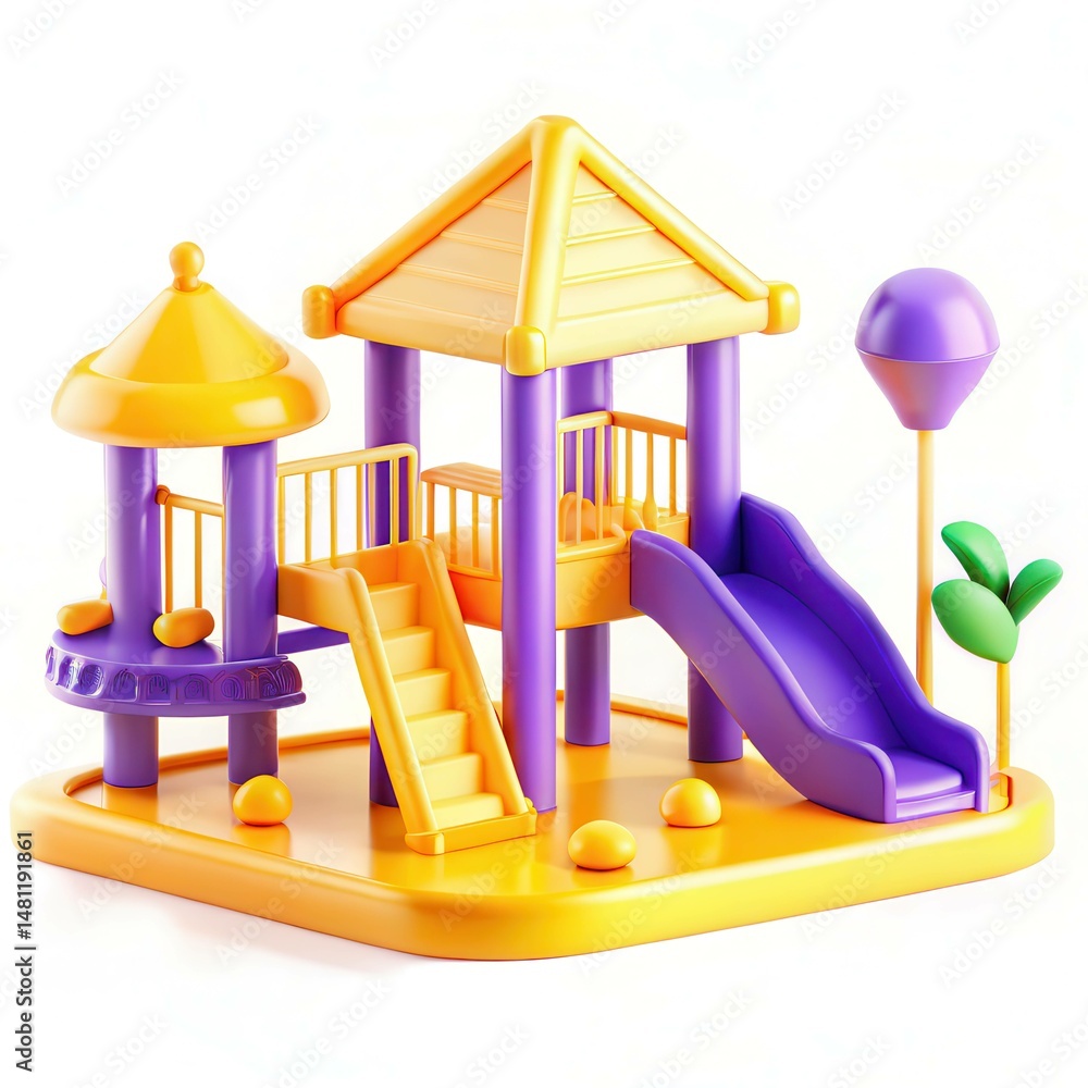 Poster a colorful plastic playground structure with slides, stairs, and a small palm tree.