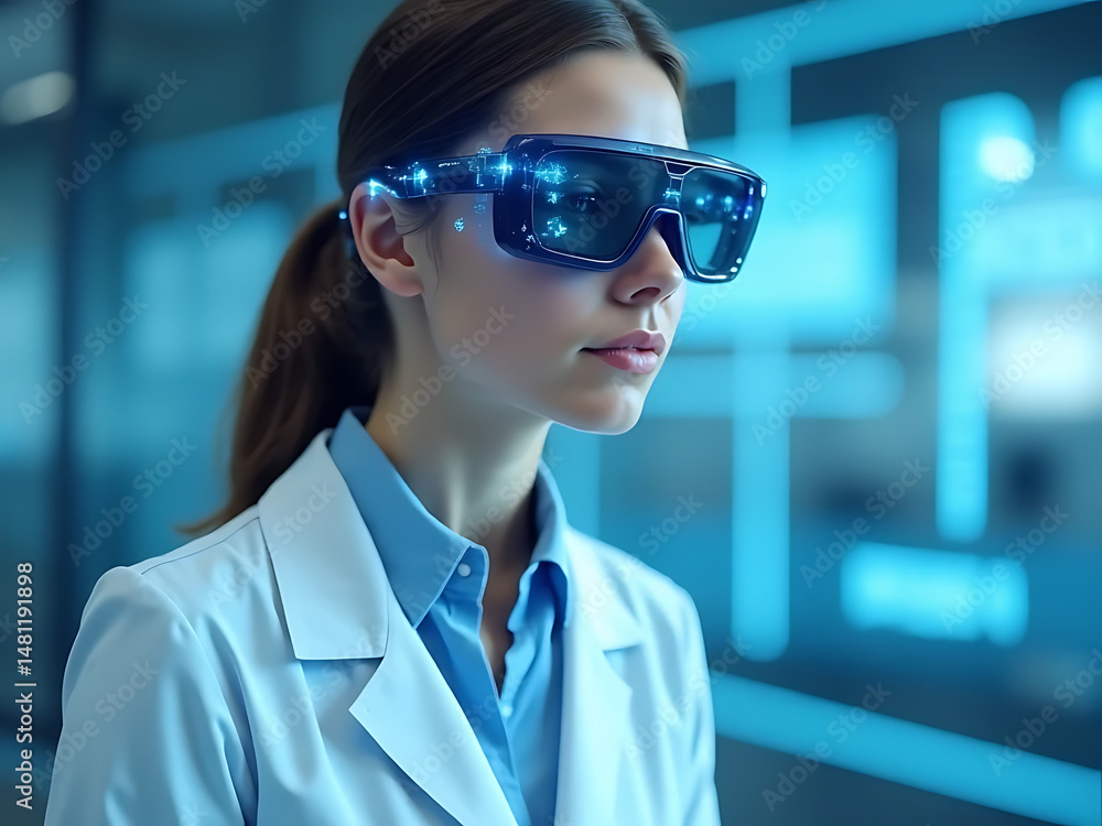 Poster innovative scientist using ar glasses in high-tech lab environment futuristic research setting