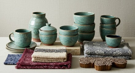 Assorted teal and terra-cotta pottery and textiles.  Set of bowls, mugs, a vase, and coasters