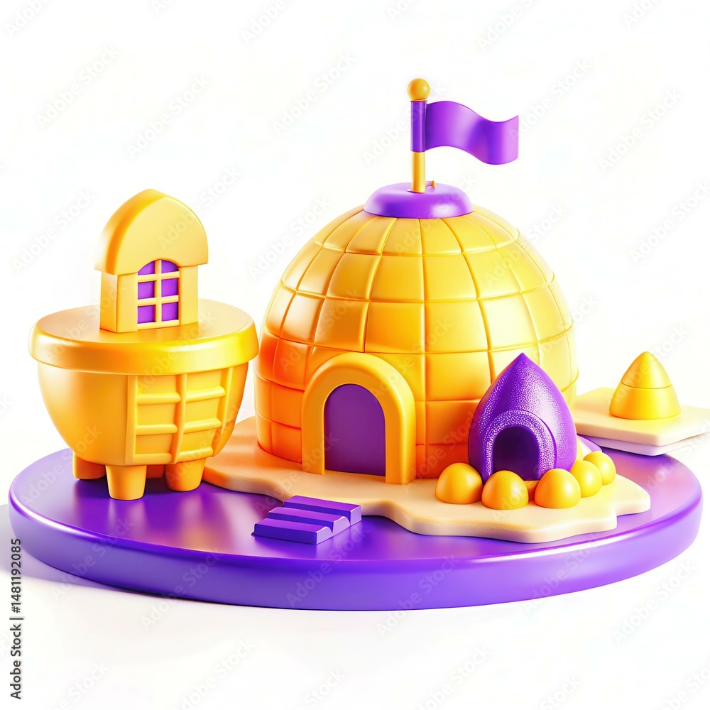 Poster colorful plastic structure resembling an igloo and boat on a circular base, featuring a flag and var