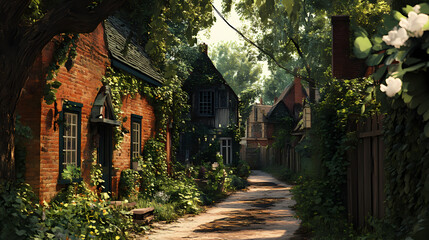 Naklejka premium Quaint cottages, winding lane, lush greenery. [Steamspire Wastes] | Smokestack Path | char trail. Illustration