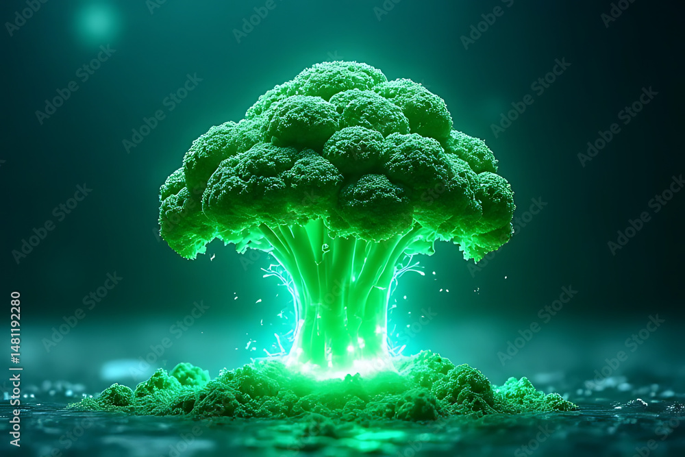 Poster explosive growth of green broccoli tree in a mystical environment abstract art conceptual view