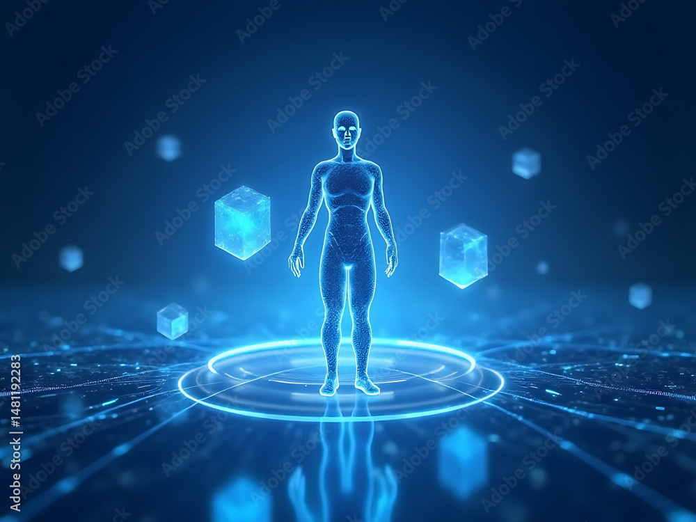 Poster digital transformation of human representation virtual space 3d visualization futuristic environment
