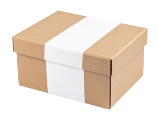 Brown cardboard box with a white label suitable for packaging, shipping, storage, moving, organization, shipping services, delivery, and logistics concepts.