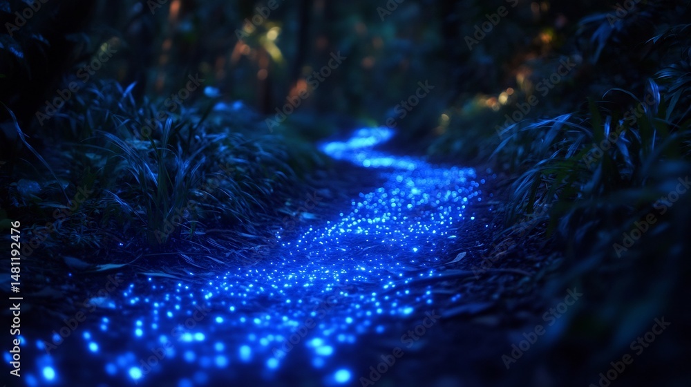 Poster close up of bioluminescent beetles glowing along forest trail creating a soft light that contrasts w