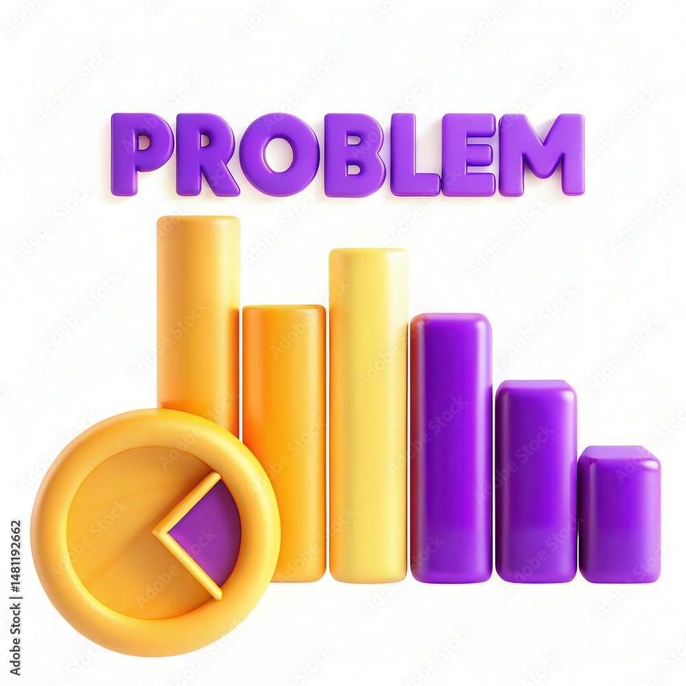 Poster colorful 3d text spelling 'problem' next to stylized bar and pie charts in vibrant colors.