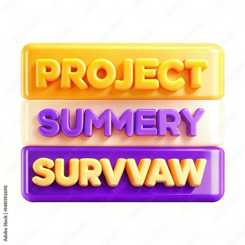 Poster colorful 3d buttons with the text 'project', 'summery', and 'survvaw' arranged vertically.