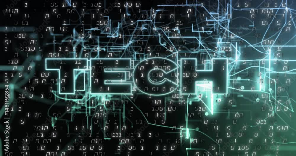 Poster glowing teal tech text floating over dark backdrop, displaying binary digits and circuit lines
