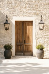 Fototapeta premium At the entrance of a charming stone building, beautiful wooden doors are gracefully flanked by elegant lanterns and vibrant potted plants, all bathed in the warm glow of a sunny day