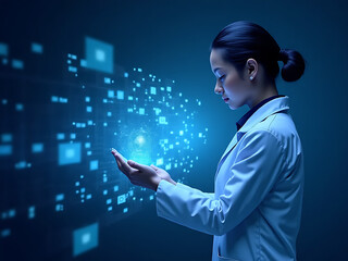 Innovative scientist analyzing data laboratory digital visualization futuristic side view technology